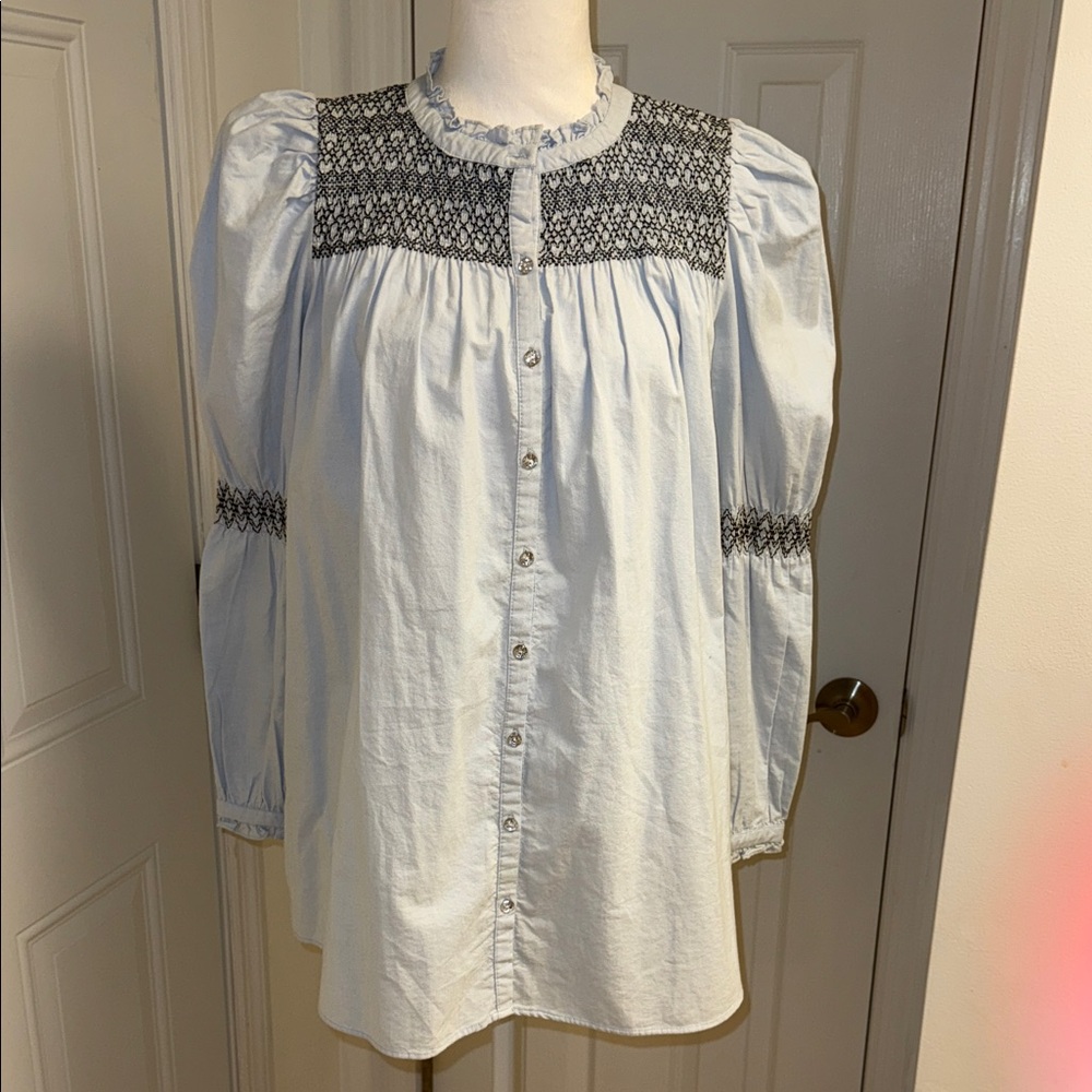 Zara Light Blue Button-Up Blouse with Smocked Details size small